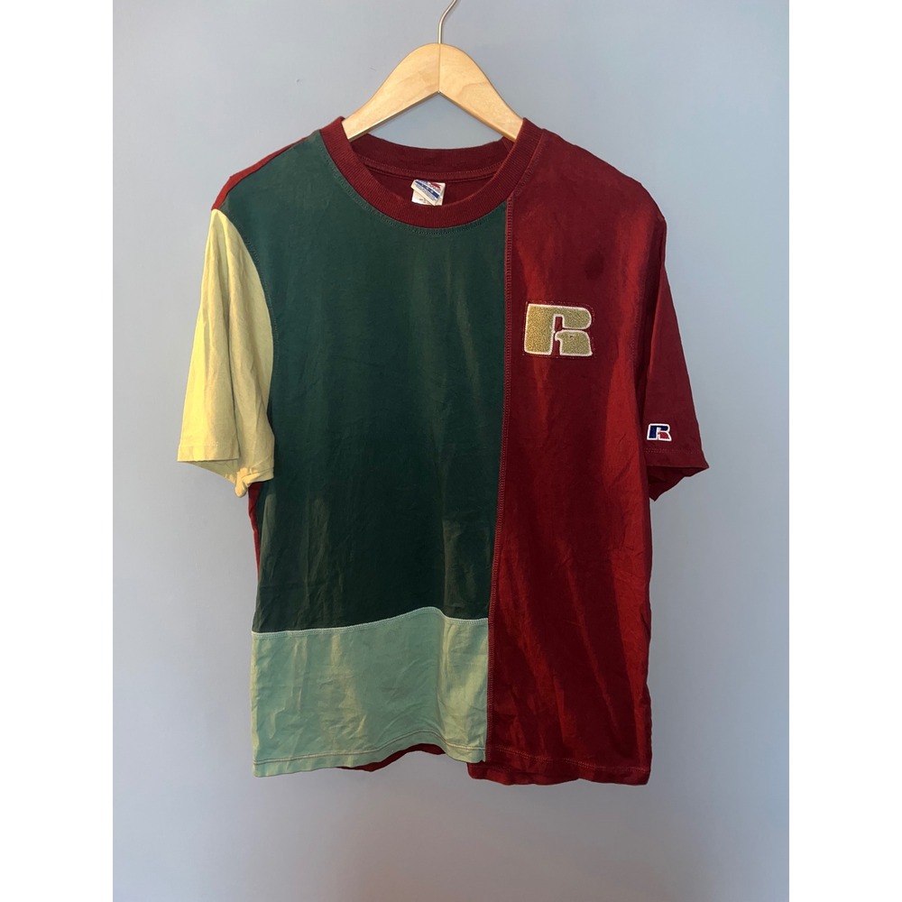 Russell Athletic Color Block T-Shirt‎ Burgundy Green Gold Patch Logo Mens Large